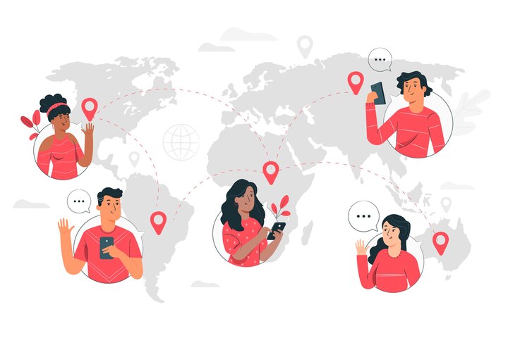 illustration with orange people world map in the background