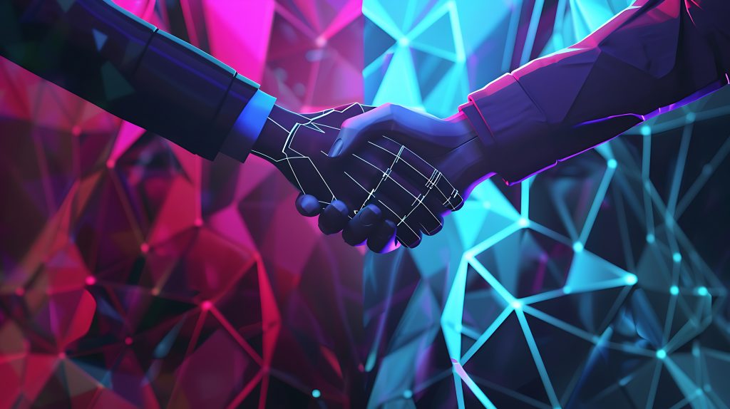 An abstract, digitally-rendered image of two hands shaking in a futuristic digital environment. The neon glow and polygonal design create a powerful visual of partnership, connection, and collaboration in the digital age.